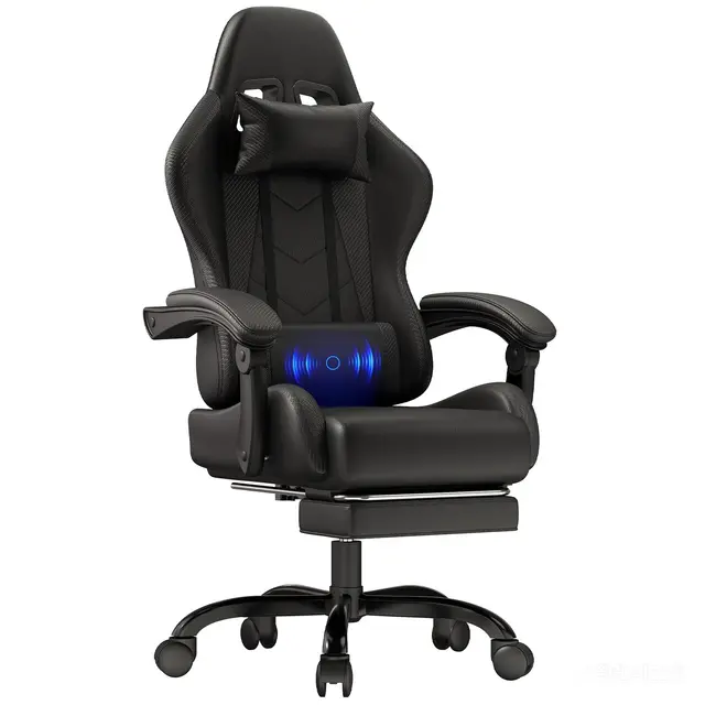JUMMICO Gaming Stuhl, Bürostuhl Ergonomisch Mit Massagefunktion, Gamer Stuhl verstellbare Rückenlehne 90-135°,und fußstütze, Gamingstuhl 150 kg belastbarkeit, Schwarz