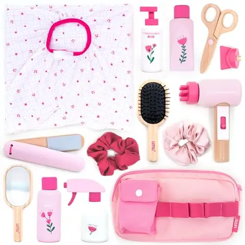 UMU® Friseurset aus Holz für Kinder – 17-teiliges Frisör Spielzeug für Mädchen mit Föhn, Glätteisen, Kamm & Spiegel – Rollenspiel Friseursalon ab 3 4 5 6 Jahren