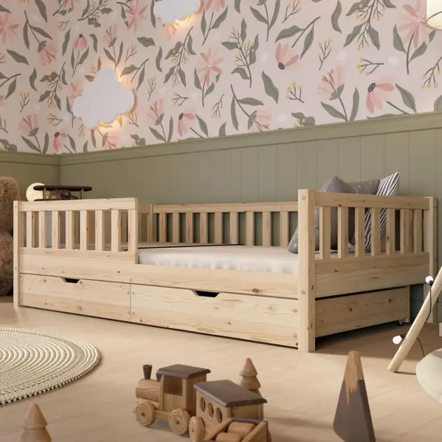 Kinderbett mit Schublade 120x200cm – Massives Montessori Bodenbett aus Holz mit Rausfallschutz – Sicheres Kleinkindbett – Skandinavisches Design Leichte Montage - Crazy Basic