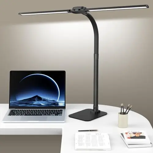 Kary Led Schreibtischlampe Dimmbar mit USB-Ladeanschluss und fuß, 24W Ultra Hell Doppelkopf tischlampe für Büro, Arbeit, Design,Lesen, Augenpflege Lampe mit Fernbedienung, CRI>90, 5 Farbtemperaturen