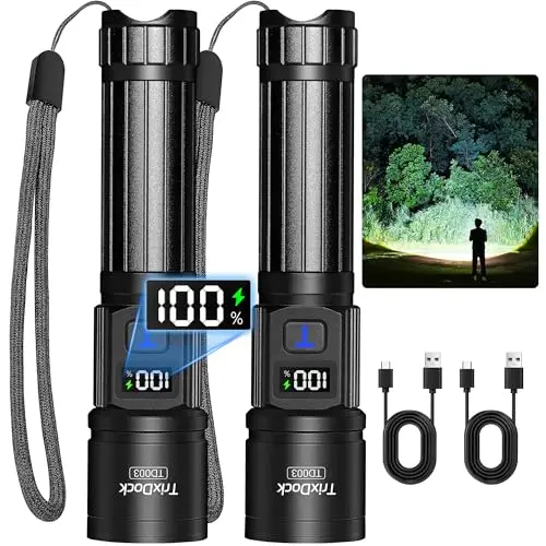 Taschenlampe LED Aufladbar 2 Stück, Extrem Hell 5 Modi & Zoombare Taktische Taschenlampen mit LCD-Display, Wasserdicht Flashlight für Camping, Outdoor, Survival, Notfall [Energieklasse A]