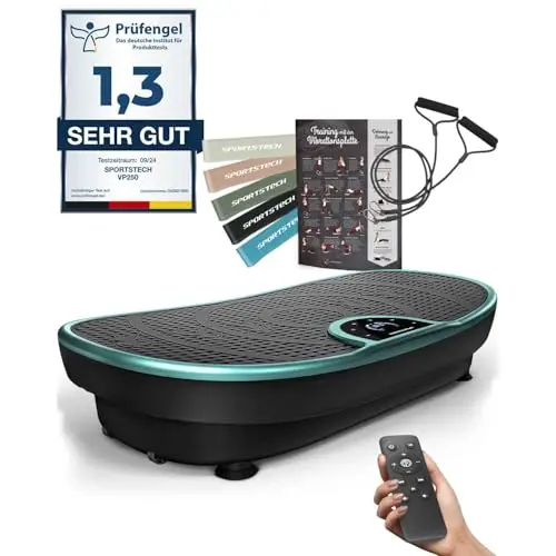 Sportstech VP250 Vibrationsplatte für Zuhause, Rüttelplatte für Frauen & Männer, Lymphdrainage, Fettverbrennung & Muskelaufbau, Ganzkörpertraining, leiser Motor, 200 W, 180 Stufen, Bluetooth