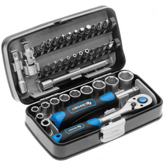 Högert Technik - Werkzeugset 38-tlg Werkzeugkoffer, Ratschenset, Steckschlüsselsatz, Bits, Ausstattung 1/4”, Klein Tragbare Werkzeugkaste Werkzeug Set für Heimwerker Garage, Haushalt