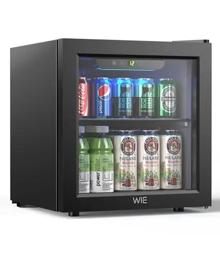 WIE Klein Kühlschrank mit Glastür, Getränkekühlschrank, 36L Kühlschrank Getränke für 55 Dosen, Kühlschrank mit LED, Mini Kühlschrank LED für Büro, Zimmer, Bar, Geräuscharm