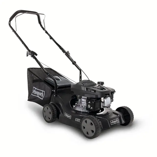 Scheppach MP132-40B Benzin Rasenmäher Black Edition für Rasenflächen bis 600m² | Schnittbreite 40cm | Leistung 3,3PS | Schnitthöhenverstellung in 3 Stufen (30-66mm) | Fangbox 35L | Hubraum 131cm³