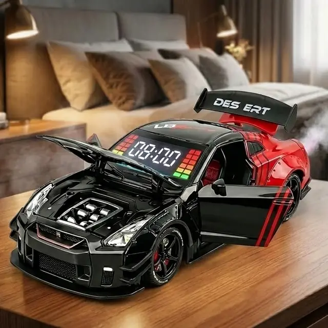 Hyper-Car Auto Wecker mit Digitalanzeige & Weckfunktion, Sportwagen Wecker 1:24, Modellauto mit LED Licht, Motorsound, Nebel-Auspuff & Rückziehfunktion, Geschenk zum Geburtstag für Auto Fans & Sammler