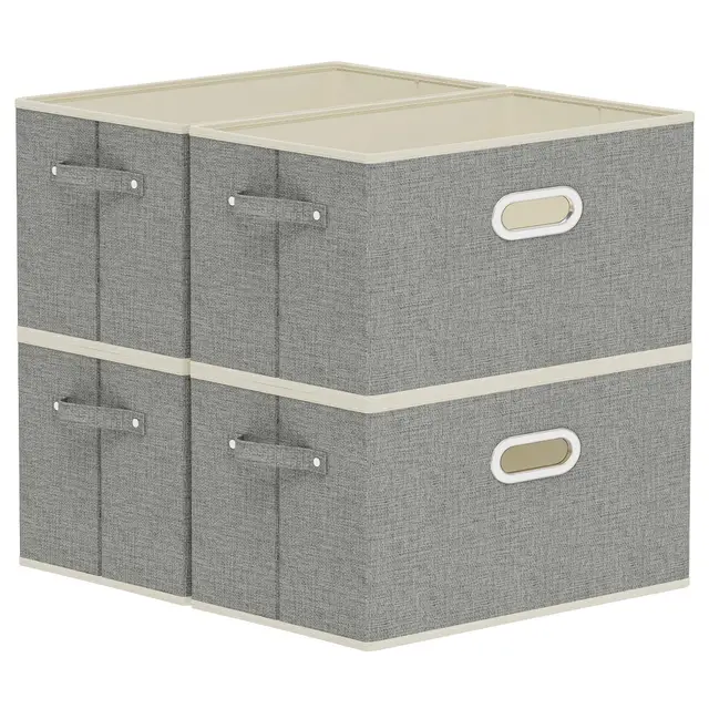 Offene Stoffbehälter, Faltbare Stoff Aufbewahrungsbox aus Leinen, Klappbox mit Griffen, 4 Stück Aufbewahrungskörbe für die Aufbewahrung von Kleidung, 38x25x25cm, Grau
