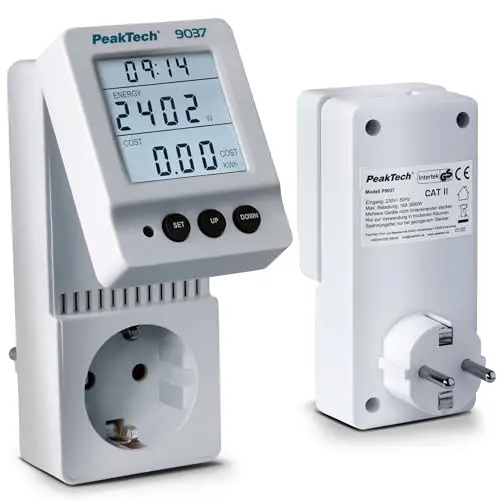 PeakTech 9037 Energiekostenmessgerät, Strommessgerät/Strommesser 0,1W Auflösung mit schwenkbarer Anzeige und Leistungsfaktor