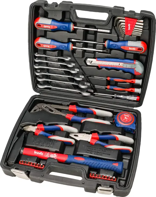 kwb Werkzeug-Koffer inkl. Schrauber-Bits - 42-teilig, gefüllt, robust und hochwertig - Ideal für Haushalt und Garage - GS-geprüft - Praktischer Kunststoffkoffer - Rot, Blau, Grau