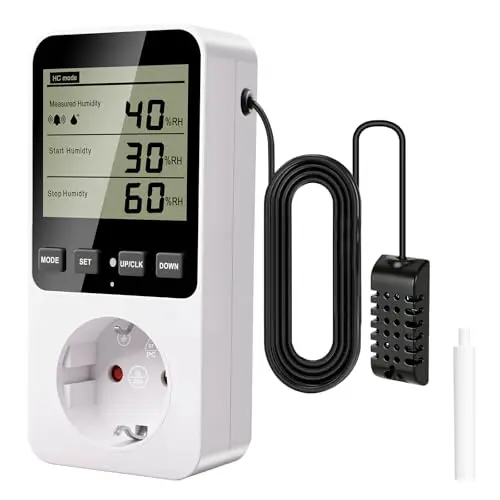 Hygrostat Steckdose mit Fühler, Temperaturregler Digital Thermostat Steckdose Temperaturwächter, 230V 16A, mit LCD Bildschirm und Vier Modi für Gewächshaus, Aquarium, Terrarium, Reptilien