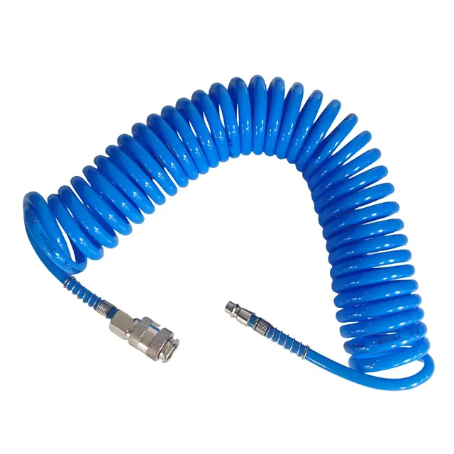 Spiralschlauch Druckluft 6 m, PU Kompressor Schlauch, Explosionsgeschützt Luftdruckschlauch mit 1/4" Anschluss, Rohrdurchmesser 5 × 8 mm, für die Gasübertragung(Blau)
