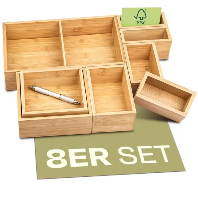 Praknu Schubladen Organizer Box 8er Set - Aus nachhaltigem FSC®️ Bambus Holz - Für Küche, Bad oder Büro