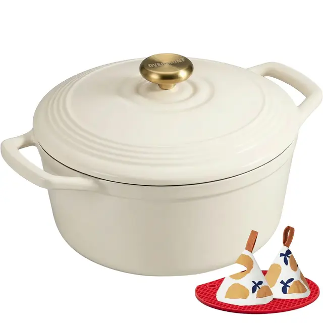Overmont Bräter Emaille Gusseisen Topf - Schmortopf 26cm backofengeeignet - mit Deckel und Kochbuch - für Küche Backen Schmoren Braten Weiß