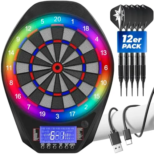 Dartscheibe Elektronisch mit LED-Lichtmodi, Automatische Punktzählung LCD, 34 Spiele & 72 Varianten, Soft/Steeldart geeignet, Komplettset mit 12 Pfeilen + 100 Ersatzspitzen, Type-C Aufladung