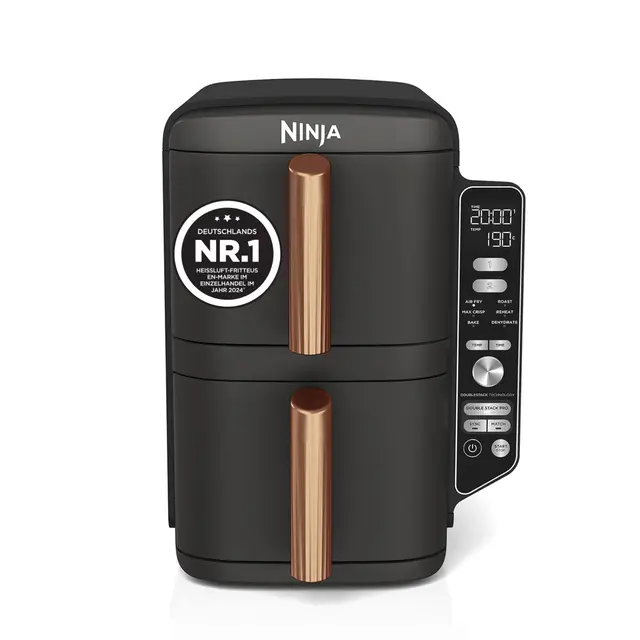 Ninja Double Stack XL Heißluftfritteuse, 2 vertikale Schubladen, 4 Kochstufen, 2 Einschübe, platzsparendes Design, 9,5 L Fassungsvermögen, 6 Funktionen, 8 Portionen, Zange, Schwarz/Kupfer SL400EUCP