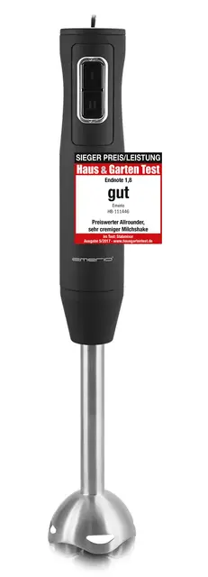 Emerio Stabmixer, Edelstahl Stab, Griff gummiert für besseren Halt, zweiteilig, 2 Geschwindigkeiten, PREIS-/LEISTUNGSSIEGER 05/2017, 250 Watt, HB-111446 Schwarz