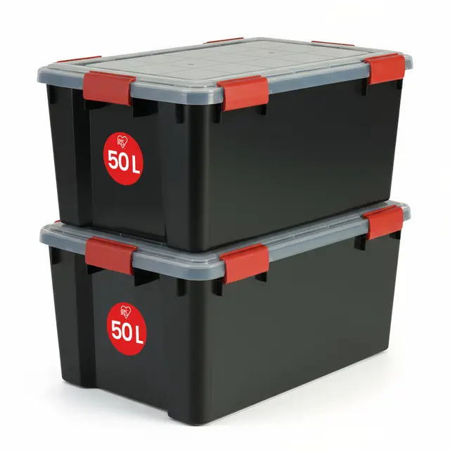Iris Ohyama Luftdichte Kunststoff-Aufbewahrungsboxen mit Deckel, 50L, 2er-Set, Schwarz, Hermetischer wasserdichter Verschluss, Robuste Schnappverschlüsse, Stapelbar, Staubschutz, BPA-frei, AT-L