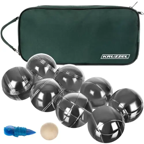 KRUZZEL Boule Spielset mit 8 Metallkugeln + Holzkugel & Maßband im Transportkoffer – Outdoor Petanque Set für Garten, Park, Camping