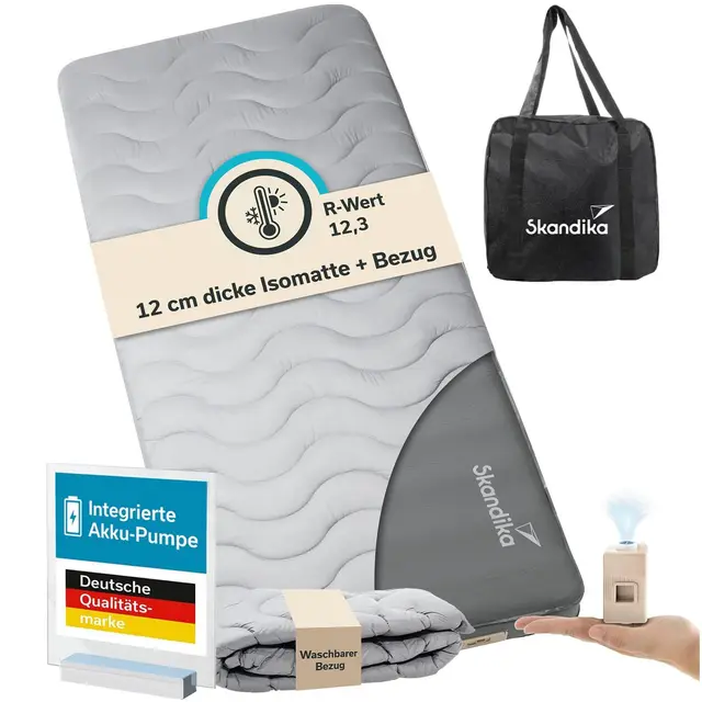 Skandika Isomatte Easy 3D Premium Flex Bundle | Luftmatratze mit Bezug für 1 Person, 200 x 85 x 12 cm, USB-C Pumpe, Schaumstoff, Softtouch-Oberfläche, belastbar bis 150 kg | Outdoor, Camping, Luftbett