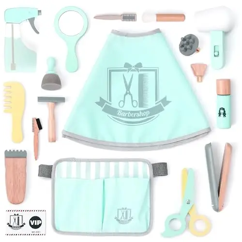 UMU® Kinder Holz Friseur Spielset mit Tasche für Friseurwerkzeuge inkl. Friseurumhang, Schere, Haarglätter, Spiegel u. v. m., 18 Stk Set, Spielzeug zum Rollenspiel, Frisierkoffer für 3, 4, 5 Jahre alt