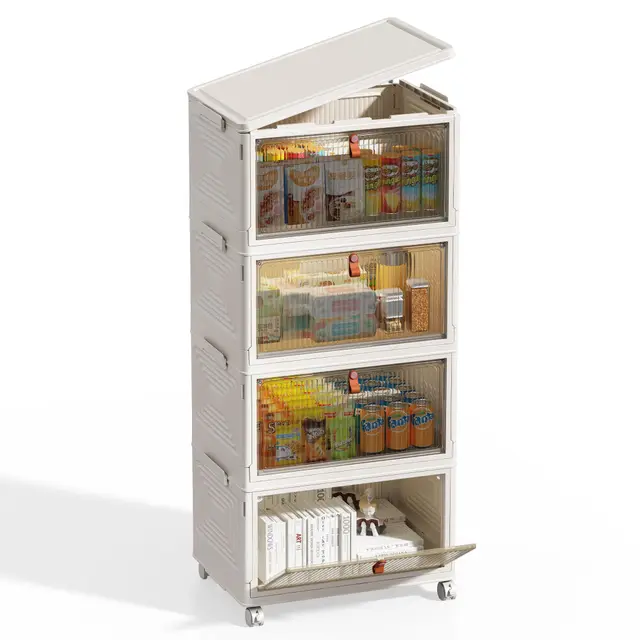 NETEL Aufbewahrungsbox mit Deckel, 47L 4 Stück Boxen Aufbewahrung,stapelboxen mit deckel,Faltbare Aufbewahrungsboxen mit Tür und Rollen,klappbox,Geeignet für Schlafzimmer, Wohnzimmer und Küchen,weiß