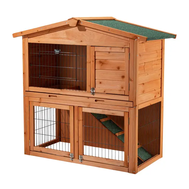 Wiltec 2 Etagen Nagerhaus 871 x 547 x 1000 mm, Hasenstall zweistöckig aus Fichtenholz, mit Bitumeneindeckung und Kotwanne, Kleintierhaus Freilauf Gehege