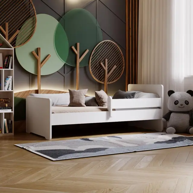 KOBI Kinderbett Max weiß mit Reling, Matratze, Rahmen | 140x70 | Bett für EIN Mädchen und einen Jungen | Kinderzimmer-Set |