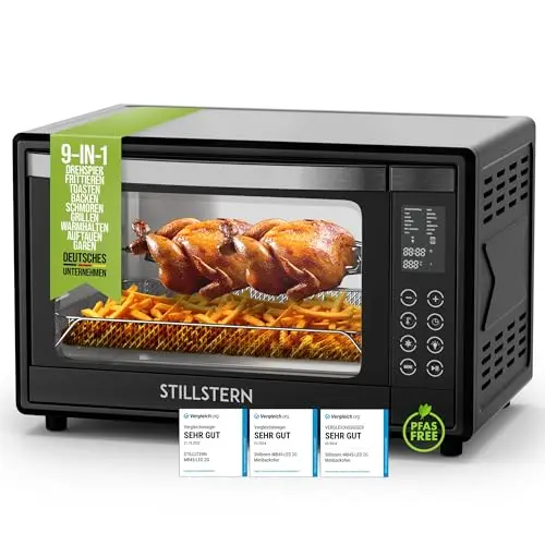 Stillstern Minibackofen mit Umluft 45L (DE Vers) Pizza Ø32, CYCLONE PRO+ Antihaftbesch, 13 Prog, Auftauen&Warmhalten, 8h Timer, Camping Mini Backofen mit Umluft Pizzaofen Mini Ofen klein Hähnchengrill