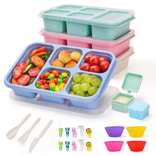 4 Stück Bento Snackbox mit Fächern, 5 Fächer Lunchable Snack-Behälter, Bento Lunchbox Brotdose mit Fächern für Kinder und Erwachsene, Meal Prep Lunchbehälter für Schule, Arbeit und Reisen