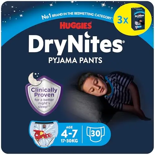 DryNites saugfähige Nachtwindeln bei Bettnässen, Für Jungen 4-7 Jahre (17-30 kg), 3 x 10 Stück = 30 Windel-Pants, Höschenwindeln, Windelhöschen