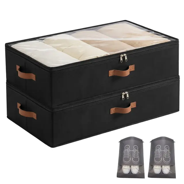 Unterbett Aufbewahrungsbox 2 Stück Unterbettkommode mit Sichtfenster, Faltbar, langlebigem Material mit 3 Griffen & 2 Reißverschluss für Kleideraufbewahrung & Organisation 85x45x15 cm, Schwarz