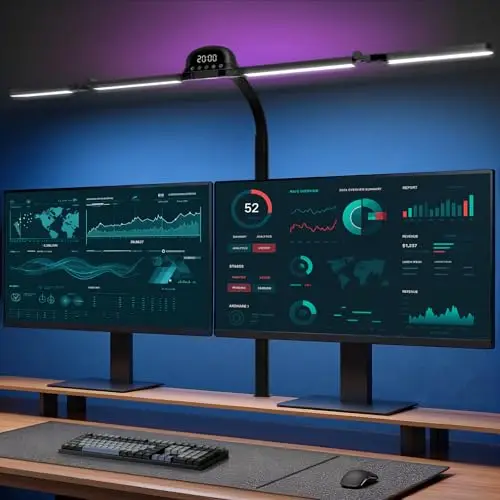 Schreibtischlampe LED mit RGB, 120cm Monitor Lampe Klemmbar Dimmbar, Tageslichtlampe mit Bewegungssensor, Lichtsensor, Fernbedienungs, Uhr, für Büro, Lesen, Architekten, Schneider