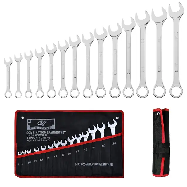 Mesybveo 14 Stück Ratschenschlüssel Set, 8-24 mm Ring Gabelschlüssel Ringmaulschlüssel Satz aus Chrom-Vanadium-Stahlin, in Rolltasche, Schraubenschlüssel mit 12 Zähnen zum Befestigung und Demontage