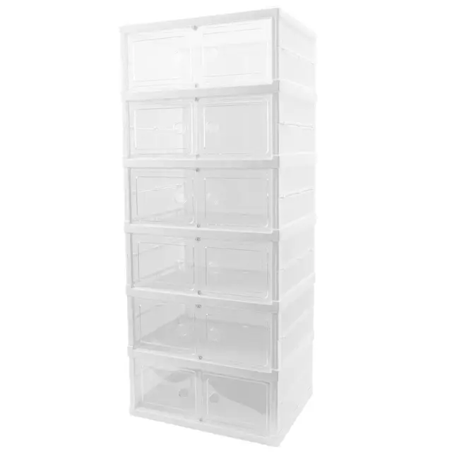 Verda Schuhschrank, Schuhregal und Schuh Organizer aus Kunststoff mit magnetischer Tür, faltbar und stapelbar, 6 Reihen, Schuhe und Stiefel, Weiß, Transparente Schuhboxen, für Schuhe bis Größe 44