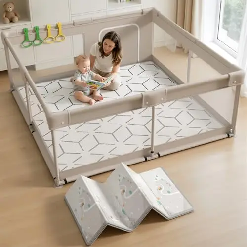 Laufstall Baby mit Matratze 150x150cm - Laufgitter Baby mit Faltbar Krabbelmatte und 4 Griffen, Playpen mit Spielmatte