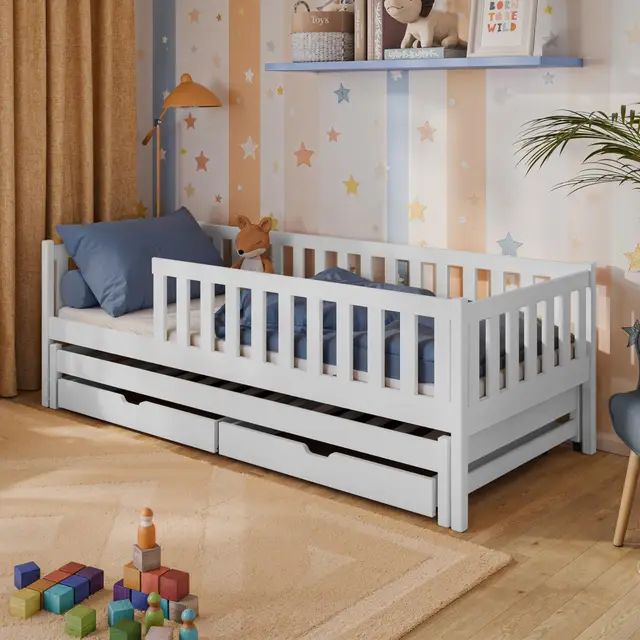 Kids Collective Kinderbett mit Ausziehbett und Zwei Schubladen, Rausfallschutz und Lattenrost, Kinder Bett | weitere Größen: 80x160, 90x190, 90x200cm | 80x180cm: von 3. bis 12. Lebensjahr, Weiß