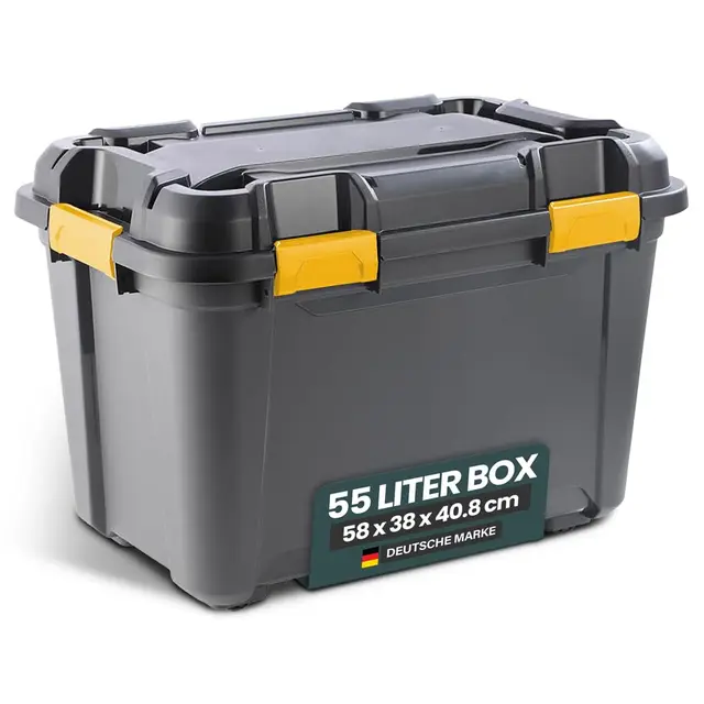 Kreher® Lagerbox Bunker Tough Aufbewahrungsbox mit Deckel und Silikondichtung (IP67/IPX7). Aus robustem Kunststoff in verschiedenen Größen. Ideal für feuchte Räume, Keller, Garage, Camping uvm. (55L)