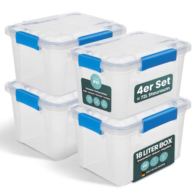 Kreher® Aufbewahrungsbox 18 Liter mit Deckel – wasserdicht & staubdicht, transparent & stapelbar, BPA- & schadstofffrei, robuste Kunststoffbox mit Silikondichtung & 4 Clips (4, 18 Liter)