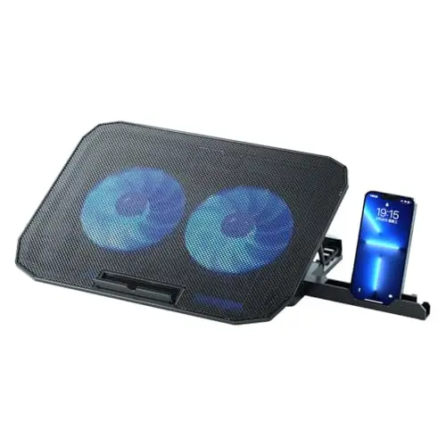 NK Base Refrigeradora Portátil - Ventilador Ordenador Portatil de 12-17" Con Soporte Ajustable 5 Alturas, 2 Ventiladores Silenciosos, 2 Puertos USB, Refrigeración Rápida, Luz LED Azul - Color Negro