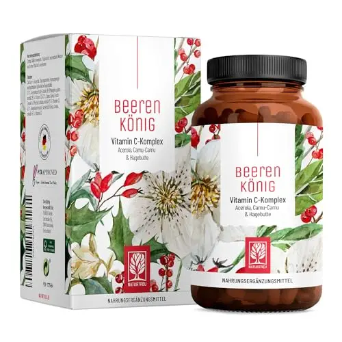 Vitamin C Komplex 180 Kapseln natürliches Vitamin C hochdosiert aus Acerola, Hagebutte & Camu Camu - Natürlich, pflanzlich, vegan und ohne Zusätze - 6 Monatsvorrat