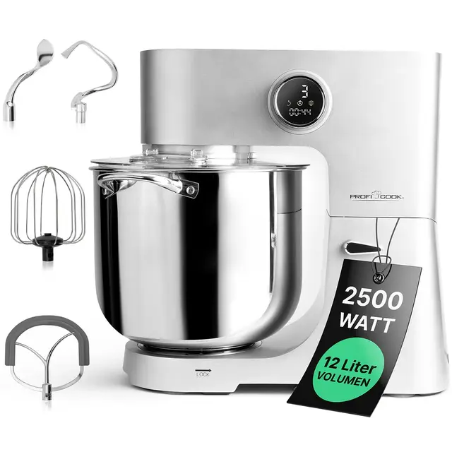 ProfiCook Küchenmaschine mit XXL 12L Schüssel | Knetmaschine mit 2500W | Metallgetriebe und LED-Display | Food Processor für bis zu 8,5 kg Teig | 13 Geschwindigkeiten | PC KM 1254 titan