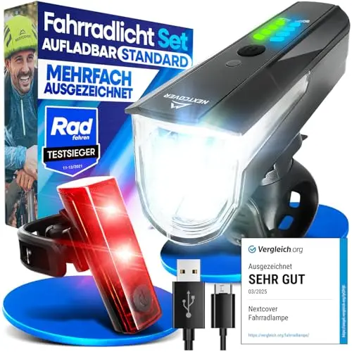 NEXTCOVER® Fahrradlicht Set mit [LightSense] Sensor & 11h Akkulaufzeit I USB aufladbar & wasserdicht I StVZO zugelassen I LED Fahrrad Licht vorne I Fahrradlampe & Fahrrad Rücklicht, Fahrradbeleuchtung