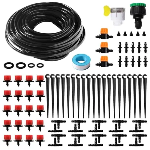 VooGenzek 86 Stücke 4/6 mm Bewässerung Kit, 15m Bewässerungsschlauch, DIY Garten Bewässerungssystem, mit Durchgangsverbinder, T-Verbindungsstück, Schlauchendstopfen, für Terrasse