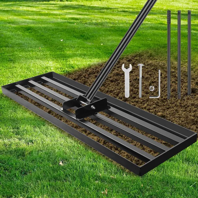 41x25cm Rakel für Rasen, Rasen Nivellierungsrechen Rasenwerkzeug mit 213cm Anti-Rutsch Verstellbarem Griff, Hochbelastbarer Nivellierrechen Rasenrechen Ideal für Garten, Hinterhof, Schwarz