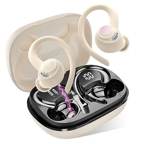 Bluetooth Kopfhörer Sport, in Ear Kopfhörer Kabellos Bluetooth 5.4 mit HD Mic, Herausragender Sound, 40 Std Spielzeit, Comfort Fit, Dual LED-Anzeige, IP7 Wasserdicht Ohrhörer mit Ohrhaken, Beige
