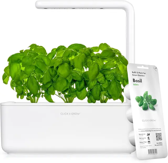 Click & Grow Smart Garden 3 Kapseln, Indoor Kräutergarten Gewächshaus, Weiß | Einfacher als Hydroponisches Anzuchtsystem. Automatische Bewässerung und LED , 3 Basilikum Pods dabei. Patented Smart Soil