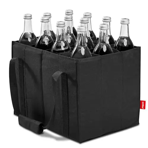 achilles Flaschentasche 12 Fächer je 1,5 Liter – Reißfester Flaschenkorb mit Klettband – Faltbarer Flaschenträger mit Trennwänden – Flaschen Einkaufstasche für Wasserflaschen, Wein und Bier – Schwarz