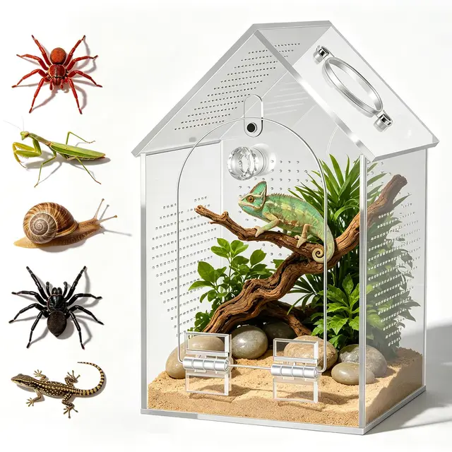 Acryl Terrarium, 360° Panorama Reptilien Faunabox, Reptil Fütterungsbox für Springspinne, Schnecken, Eidechsen, Vivarium mit Querlüftung, Insektenterrarium Aufzuchtbox