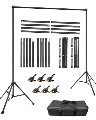 Foto Hintergrund Ständer Set 3m x 2,4m, Verstellbarer Fotohintergrund Ständer mit 6 Klemmen & Tragetasche für Fotografie, Foto Hintergrund, Fotostudio, Backdrop Stand, Hochzeit, Party Deko
