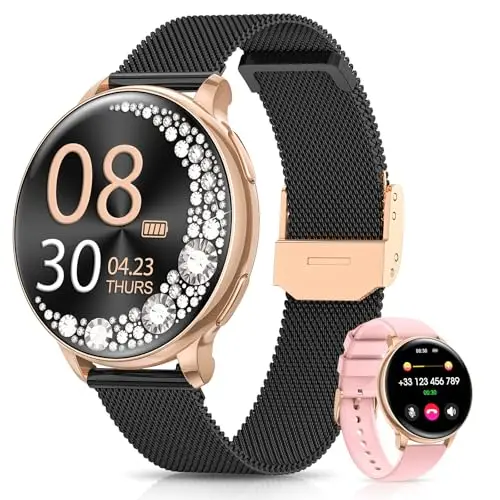 RUXINGX Smartwatch Damen, 1.27" Smart Watch Rund mit Telefonfunktion, 24H SpO2 Pulsuhr Fitnessuhr mit Schlafmonitor, 126 Sportmodi Schrittzähler IP68 iOS Android Geschenk Uhren Frauen Schwarz Roségold